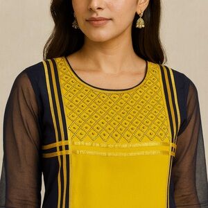 Mustard & Navy Kurti with Intricate Bead & Zari Work – Size 6 (New)